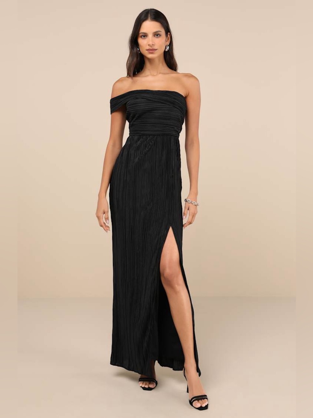 Lulus Lulus Poised Performance Black Plisse One-Shoulder Maxi Dress Size Small
